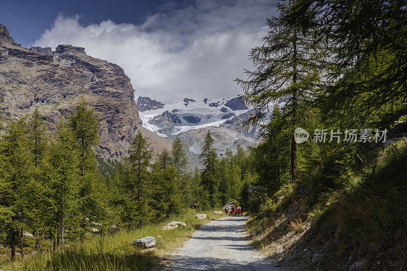 valle d'Ayas(意大利奥斯塔山谷)的山路，徒步旅行者在散步。背景是罗莎山